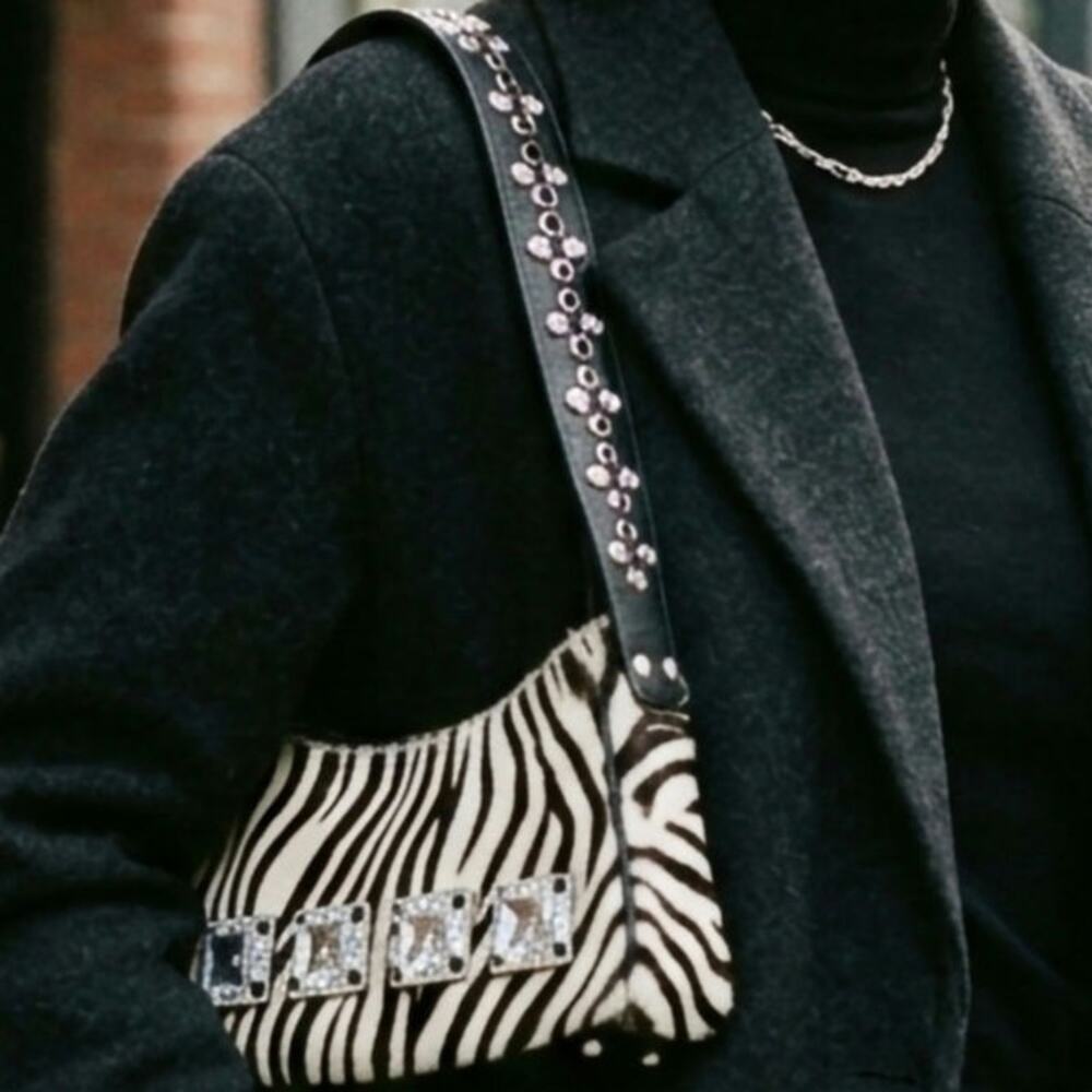NEW VINTAGE B.B. SIMON Zebra print Calf Hair Shoulder bag large rhinestones.